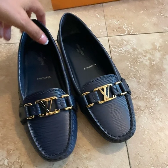 Louis Vuitton Navy Blue Loafers with Gold Accent - Picture 3 of 16